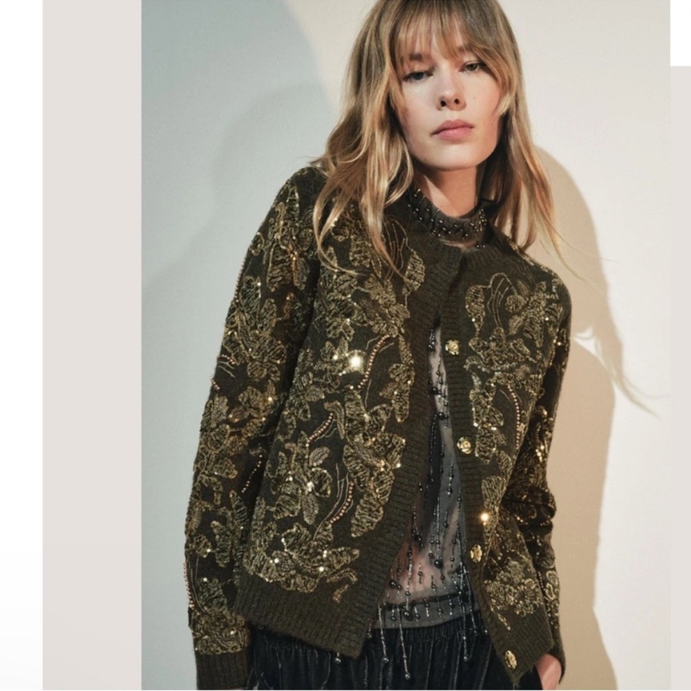 Zara NWT Combination Sequin Knit Cardigan/Sweater/Jacket size L